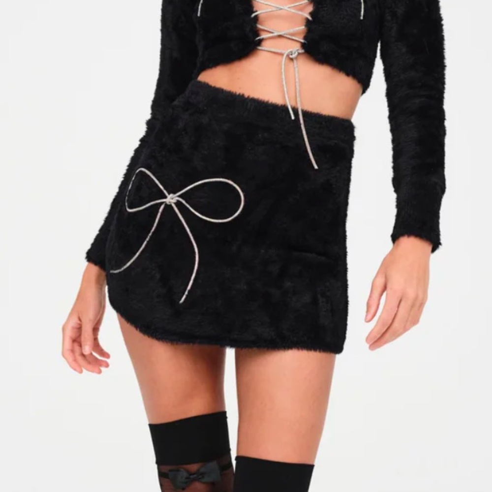 For Love & Lemons Vivienne Black & Silver Bow Mini Skirt